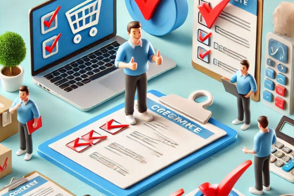 ma representação visual em 3D de um checklist, destacando as principais etapas para iniciar no marketing de afiliados. Cada ponto da lista é representado de forma clara e sequencial, facilitando a compreensão do processo desde o planejamento até a execução e obtenção de resultados.