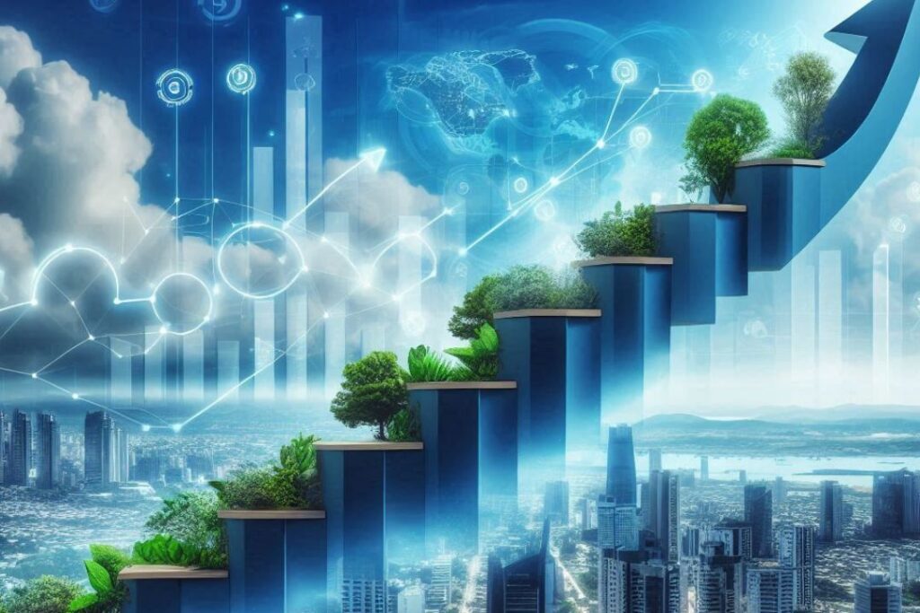 Uma escada representativa, cada degrau simbolizando uma etapa do crescimento no marketing digital, desde os primeiros passos no aprendizado até o aperfeiçoamento das estratégias e a obtenção de resultados significativos.