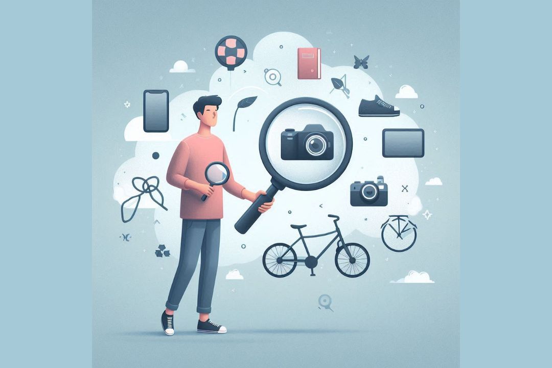Uma pessoa curiosa segurando uma lupa e observando ícones flutuantes que representam hobbies, como câmera, livro, bicicleta e laptop, com um fundo claro e minimalista