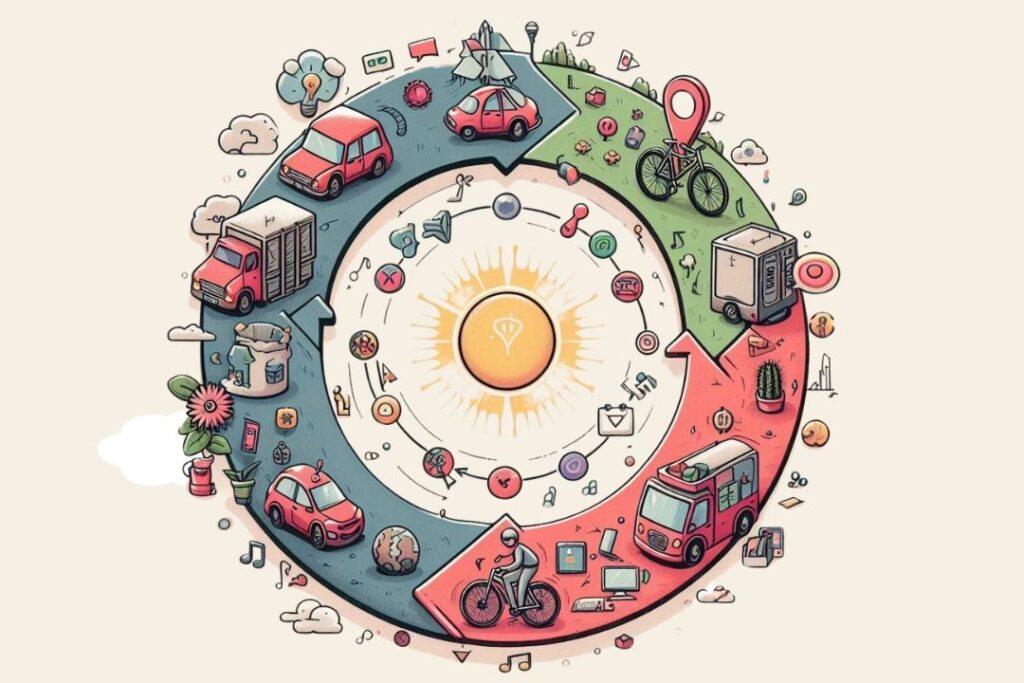 Um ciclo esquemático ilustrando as etapas de criação de conteúdo, geração de tráfego e conversões. As flechas indicam a continuidade e a interdependência dessas fases, demonstrando como o conteúdo atrai tráfego, que por sua vez, leva a conversões.