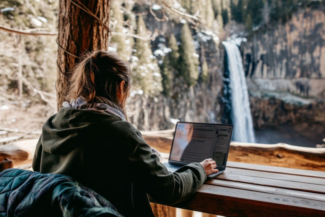 Uma pessoa trabalhando com Bum Marketing, utilizando um notebook enquanto está sentada em frente a uma cachoeira, aproveitando a tranquilidade e a beleza da natureza ao seu redor.
