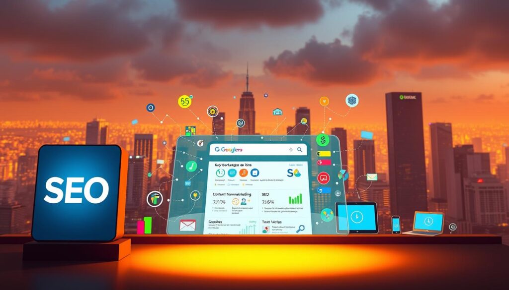Uma ilustração que representa a integração de ferramentas de marketing digital e estratégias de SEO com um fundo de cidade ao entardecer.