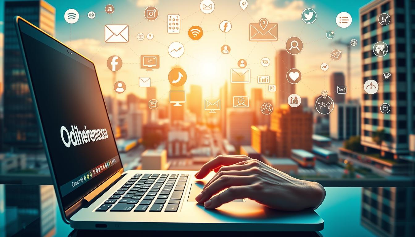 Uma mão digitando em um laptop com a tela exibindo a palavra "Odihéremessa". Ao fundo, uma cidade com prédios altos e ícones de redes sociais e aplicativos flutuando no ar, representando o conceito de marketing digital.