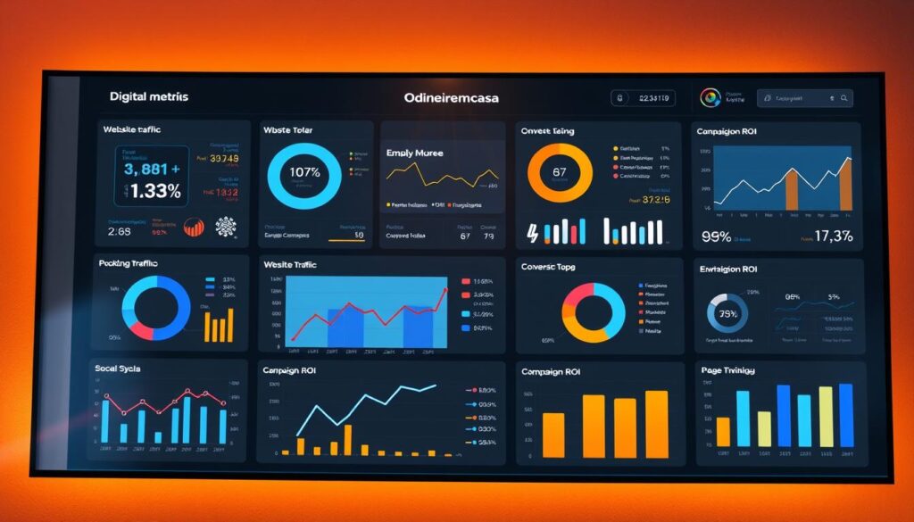 Um painel de marketing digital exibindo várias métricas e análises.